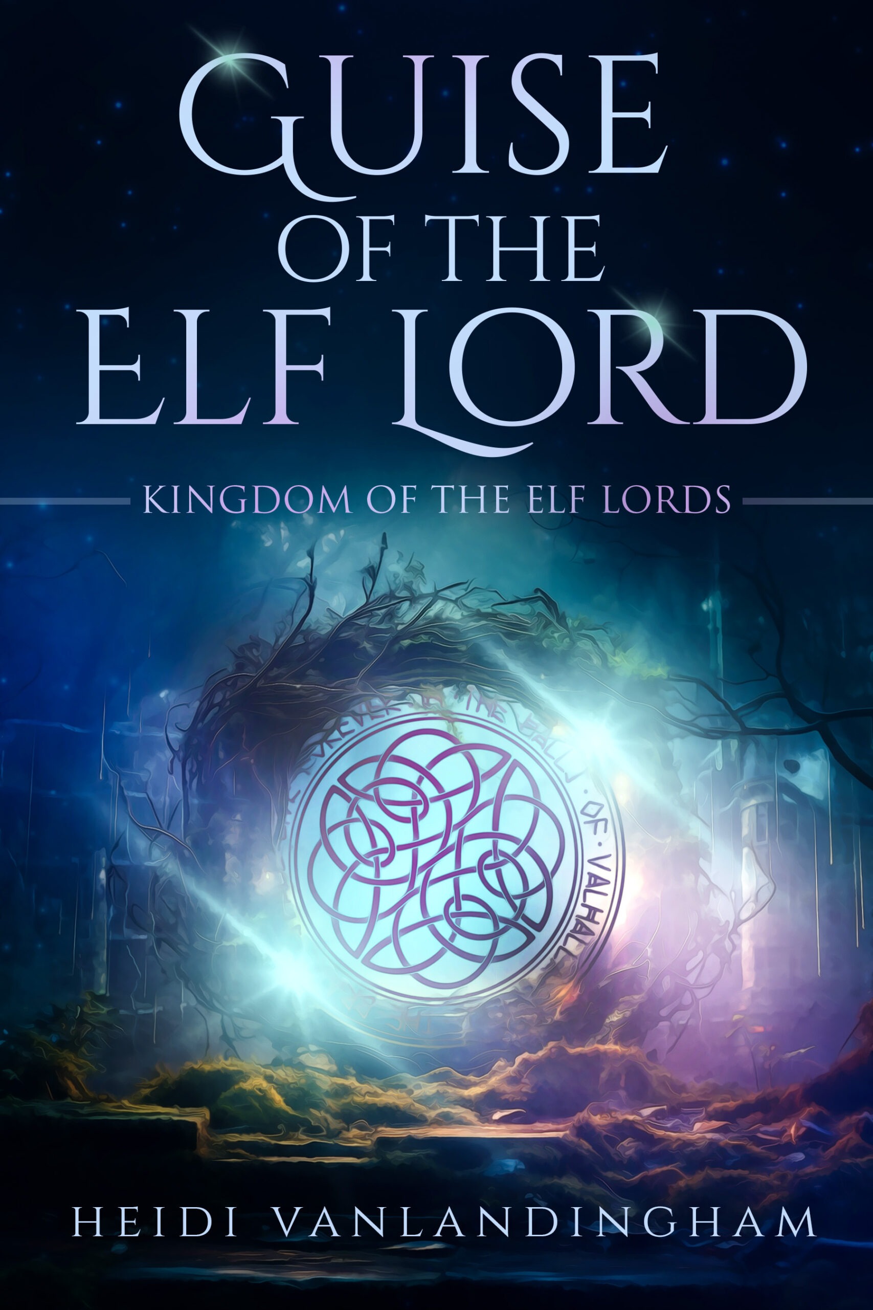 Luminous runic disc amid dark twisted trees; blue fantasy.